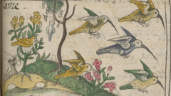 Colibríes (huitzitzilin) representados por artistas nahuas. Bernardino de Sahagún, Historia General de Las Cosas de Nueva España