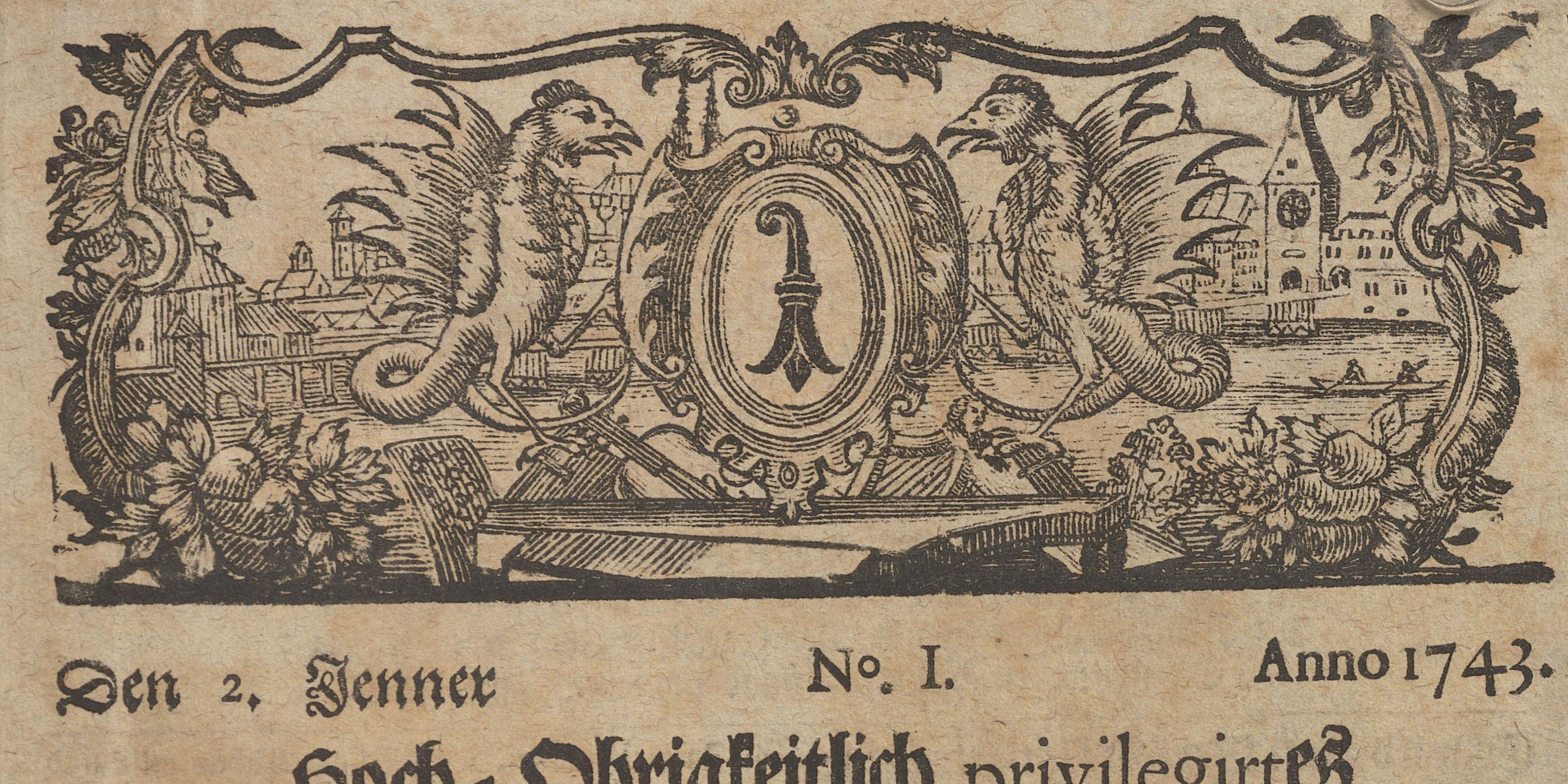 "Burckhardt, Johann: Hoch-Obrigkeitlich privilegiertes Mittwochs-Blätlein von Basel, 2. Januar 1743" Titelbild Avisblatt