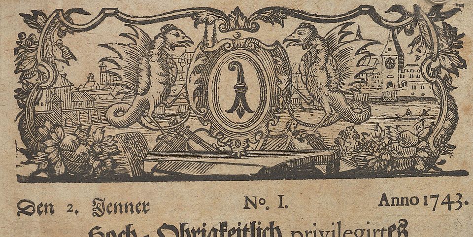 "Burckhardt, Johann: Hoch-Obrigkeitlich privilegiertes Mittwochs-Blätlein von Basel, 2. Januar 1743" Titelbild Avisblatt