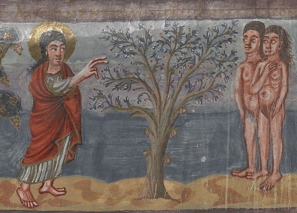 Moutier Grandval Bibel, Gott verbietet Baum der Erkenntnis, BL ms.add. 10546, fol. 5v
