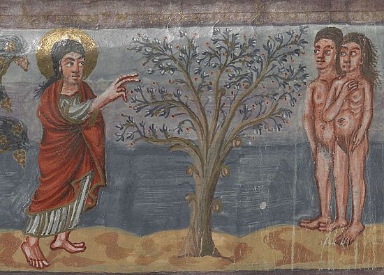 Moutier Grandval Bibel, Gott verbietet Baum der Erkenntnis, BL ms.add. 10546, fol. 5v