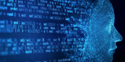 Seitliche Darstellung eines Gesichtes als Graphenpfad, gegen hinten strömen Code Zeilen aus dem Kopf