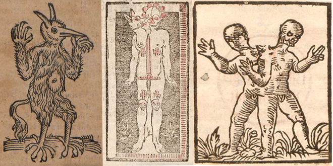Collage aus Holzschnitten von 1580, 1629 und 1614 (v.l.n.r.)