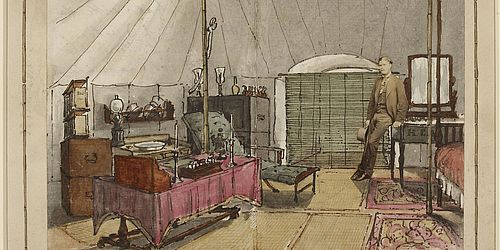 Interior of my tent. High ground. Bangalore (1863-68). Malet, Harold Esdaile. Albumenabzug und Aquarellcollage
