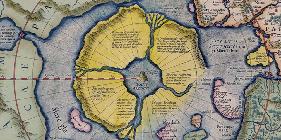 Vorstellung der Nordpolarregion, 1595, Gerhard Mercator, Pinterest/ Wikimedia Commons, File:Arctic1595-full.jpg